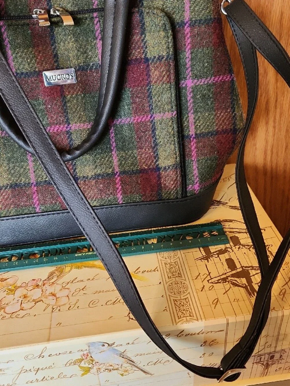 Mucros Green and Purple Plaid Satchel with Black Trim